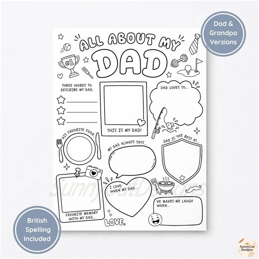 All About My Dad Printable Coloring Page, Fathers Day Questionnaire, Dad Gift From Kids, DIY Father's Day Card Activity, Worksheet Preschool - Etsy