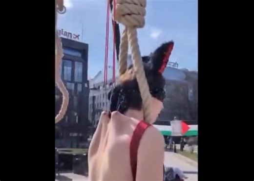 WATCH: Crazed anti-Israel protester hangs herself by hooks in shocking display