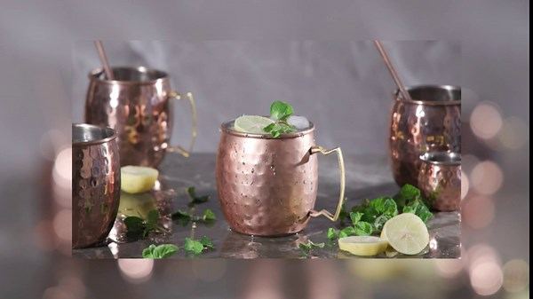 Copper Mugs Moscow Mule Set of 4-100% Pure Solid Copper Cups with Gold Brass Handle - 16 Oz Handcrafted Food Safe Mugs - Includes 4 Straws and 1 Shot Glass - Made for Cold Drinks