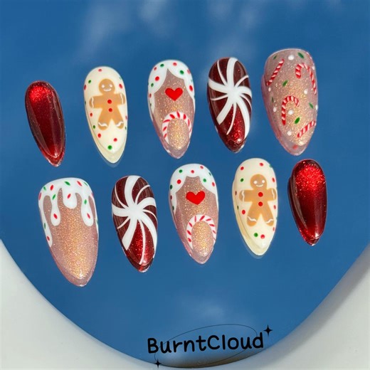 297 "gingerbread Men" Press on Nails: Red Glitter, Christmas, Cat Eye, Candy Canes, Custom Hand-painted - Etsy
