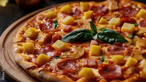 A pizza with pineapple and ham toppings sits on a wooden board. The pizza is topped with a basil leaf, which adds a touch of freshness to the dish. The pizza is ready to be served and enjoyed