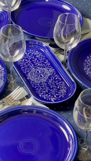 Meet our newest pattern: SKULL AND VINE Twilight 💀🌌 The ultimate dish collection for your dark and brooding side is now available in the link in our bio. #FiestaWare #tablescape #sugarskull #skulls