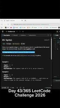 Day 43/365 LeetCode Challenge 🔥🚀| Problem No 69. Sqrt(x) 🔥| #DSA #coding #codingchallenge