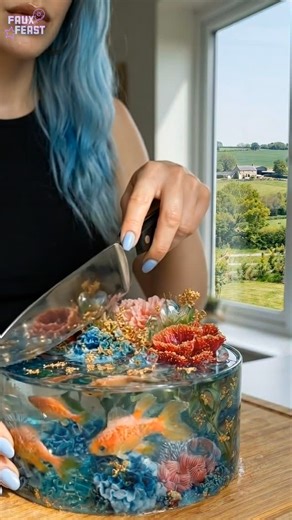 I cut into the aquarium cake and everything spilled out at once. Gelatin waves broke, fish slid free, colors flooded the board like a tiny ocean collapsing. It was messy, unreal, and way too satisfying to watch. Don't worry, I gave the fish a new home inside a big tank... before all of us flew to OZ. 🤭🌊 #oddlysatisfying #fantasyasmr #fantasyfood #cuttingasmr #waterasmr | Faux Feast