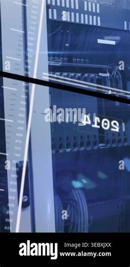 Vertical video: Camera panning and tilting, rack glass revealing patch panel and cables for check. Cabinet, server, datacenter, network, cabling, connectors, vertical video Stock Video Footage - Alamy
