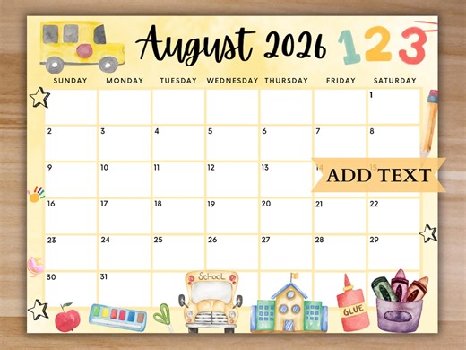 Printable August 2026 Calendar, Editable Calendar 2026, Back to School, Kids Calendar W/ School Bus, Classroom Calendar, Homeschool Planner - Etsy