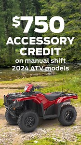 Adventure is calling! Finance from 2.99% for up to 24 months on all 2024 ATV models, as well as get a $750 accessory credit on manual shift 2024 ATV models. As well, finance from 4.99% for up to 36 months on all SXS models! Shop now, buy now: https://powersports.honda.ca/en/shopping-tools/special-offers #GetReadyWithHonda #HondaPowersports #HondaATV #HondaSXS --- L'aventure vous appelle! Obtenez un financement à partir de 2,99% jusqu'à 24 mois sur tous les modèles de VTT 2024, ainsi qu'un crédit