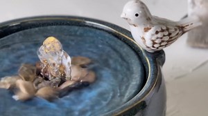 Foreside Home and Garden 8.86" Blue Porcelain Perched White Bird Natural Pebbles Fountain w/LED Lights All Seasons Spring Summer Living Room Coffee Table Kitchen Dining Dinner Table Office Bedside