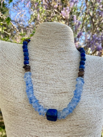 Ocean Waves Recycled Glass Necklace: Blue Mist, Lapis, Coconut Wood Beads - Etsy