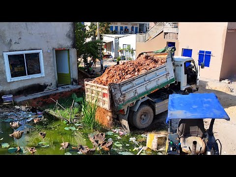 Start First 2 Project Landfill Flooded area !! Bulldozer D20A Push Soil , Truck 5 Ton Spreading Soil