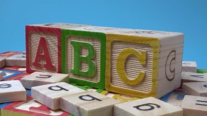 ABC wood block rotate on table.
