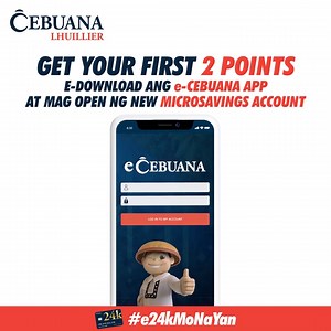 Ang dali talaga magka-points mga ka-Cebuana! Download ka lang ang e-Cebuana App at gumawa ng bagong Microsavings account, magkaka 2 points ka sa 24k account! Download the app now: App Store: https://apps.apple.com/ph/app/ecebuana/id1523417683 Google Play: https://play.google.com/store/apps/details?id=com.clrb.eCebuana2 Tandaan, wag kalimutan e-activate na ang inyong membership sa https://bit.ly/3gRlvl2 para ma check kung ilan na ang points mo. K ‘yan! #e24kMoNaYan | Cebuana Lhuillier 24k Rewards