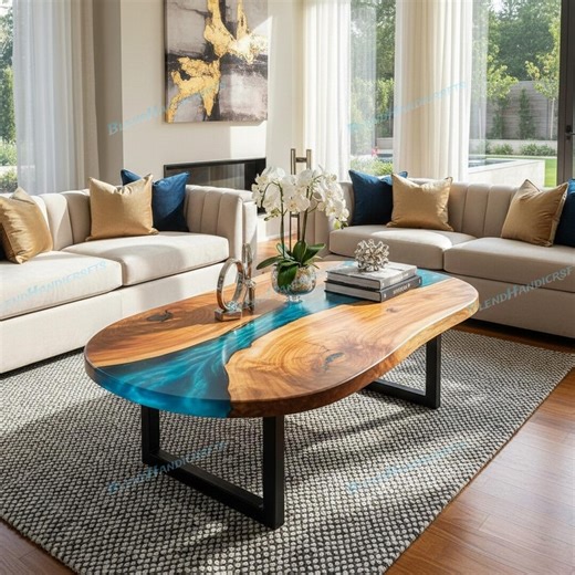 Ocean Blue Epoxy Oval Coffee & Dining Table, Natural Solid Wood, Custom Made to Order - Etsy