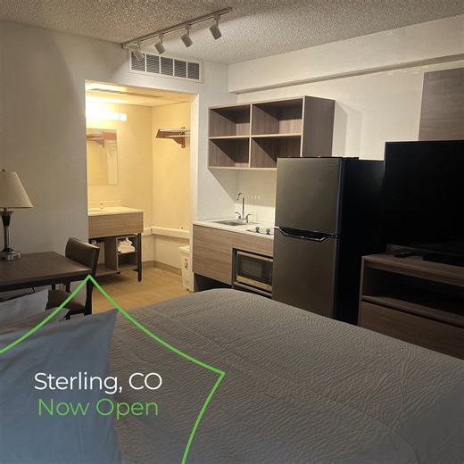 Our new Extended Stay America Select Suites - Sterling is now open! This long-term hotel in Colorado is the perfect location for extended stays, business travelers and those relocating to the area. Learn more or book your next stay here: https://bit.ly/3YSBIfo #NewHotel #SterlingHotel #ColoradoHotel #ExtendedStayHotel | Extended Stay America