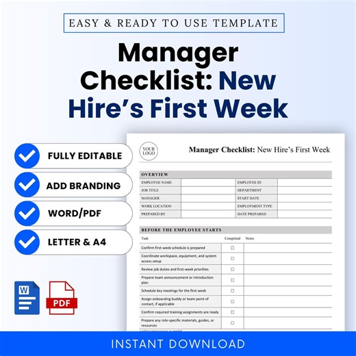 Manager Checklist: New Hire's First Week Template – Word & PDF, A4   US Letter - Etsy Australia