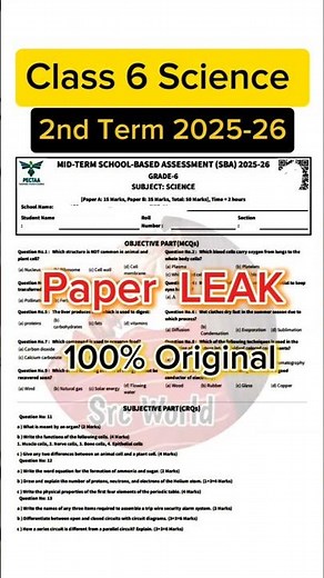 Class 6 science paper 2nd term 2025 sba 6th Class ka science ka paper mid term 2025