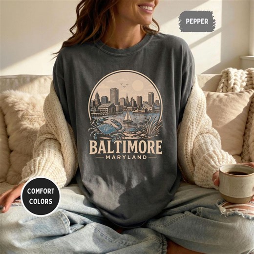 Baltimore Maryland Vintage Shirt, Inner Harbor Crab Tee, Retro City Skyline Graphic, Comfort Colors 1717 Souvenir - Etsy