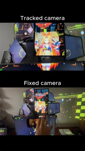 Portalgraph on Instagram: "⚠️This is NOT green screen! This video compares footage from the tracked user’s camera and a fixed camera when Portalgraph is displayed across eight screens. As you can see, the visuals change according to the viewer’s perspective, creating the illusion of depth on a flat display. People often ask, “Is this done with a green screen?”—but we do not use green screen in any of Portalgraph’s videos. This is real, live-action footage. You can try it yourself too—if you’re i