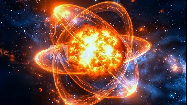 Fiery Atomic Structure Model in Space. Abstract Visualization of Nuclear Energy Science and Cosmos.