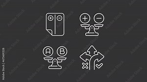 Collection of white thin line icon animations representing comparison, HD video with transparent background, seamless loop 4K video.