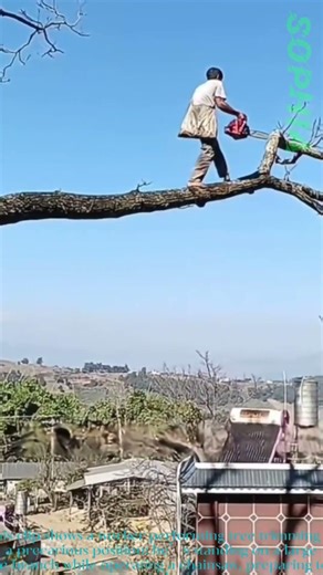 Man Uses Chainsaw to Trim Tree Branch
