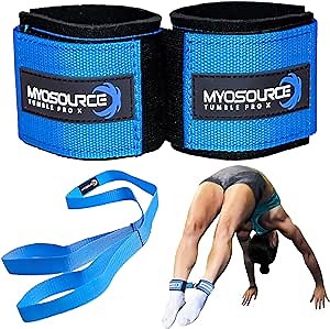 Myosource Kinetic Bands Tumble Pro X Ankle Straps Kit – Cheerleading Standing Tumbling Equipment, Gymnastics Backhandspring Trainer – Includes Flexibility Stunt Stretch Strap – Blue, Pink, Purple