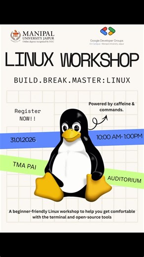 GDG on Campus MUJ on Instagram: "From zero to terminal-ready 🐧 Kickstart your Linux journey with a beginner-friendly workshop designed to help you learn by doing. Explore the basics of Linux, understand open-source tools, and gain confidence working with the command line. 📅 31 Jan | ⏰ 10 am Sign up now and start your Linux journey 🚀"