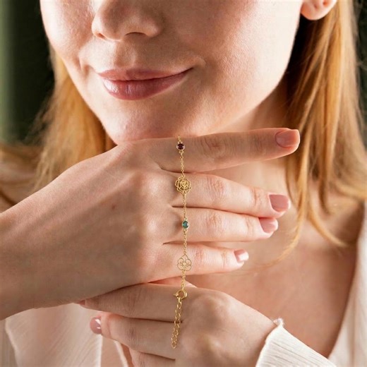 Birth Flower Bracelet With Birthstone, Dainty 925 Sterling Silver Gift for Her - Etsy