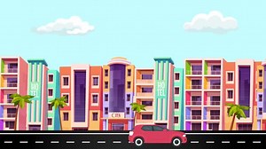 Hotel Building Cartoon City Animation with Car