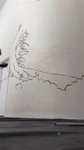 Sheeting this job has been no small task 😅 stoked to finally get painting on this Japanese inspired willow tree and herons mural. . Spray-painted interpretation of a Japanese folding screen motif featuring willows, herons, and gold-leaf tones. The piece blends aerosol gradients with traditional brushwork aesthetics, exploring harmony between movement, nature, and restraint. Modern street techniques meet classical Japanese composition, creating balance between texture and atmosphere. #mural #pai