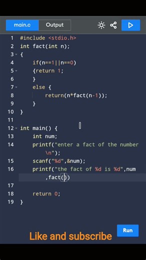 Recursion c language programming code of factorial code by using recursion method #recursion