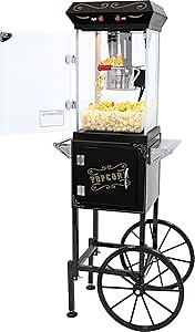 2025 Upgraded 8 oz Popcorn Machine Cart, Popcorn Maker Machine with Stainless-Steel Kettle Makes Up to 32 Cups, Movie Theater Pop Corn Machine with Heated Warming Deck, Black