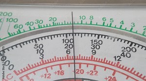 electrical measuring system with analogue scale. display of a vintage analog multimeter for measuring resistance, voltage and current.