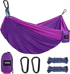 Kootek Camping Hammock Double & Single Portable Hammocks with 2 Hanging Ropes, Lightweight Nylon Parachute Hammocks for Backpacking, Travel, Beach, Backyard, Hiking (Violet & Fuchsia, Large)