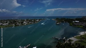 The Loxahatchee River with Speed Boats from an Aerial Drone Perspective on a Beautiful Day in Florida.