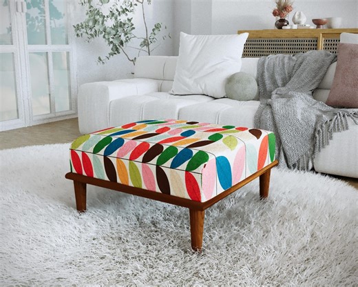 Retro Mid Century Modern Ottoman, Colorful Abstract Leaf Pattern Bench, H-799 - Etsy