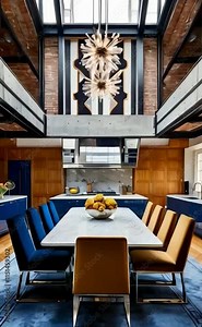 A grand, high-ceilinged kitchen and dining room fusion, where opulent art deco patterns and bold geometric shapes coexist with industrial accents of exposed brick, metal beams, and distressed concrete