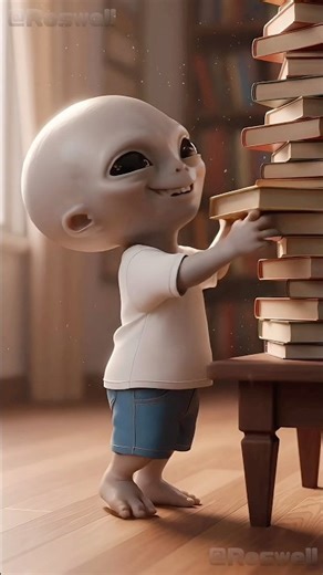 Baby Alien pulled a lower book and the stack won’t stop tipping…