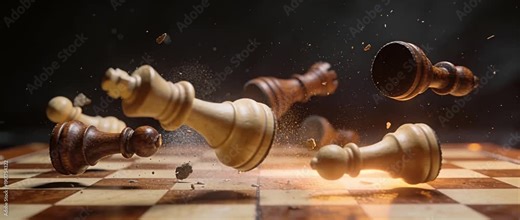 Chess board king queen pawn strategy competition battle motion dust sparks on wooden squares, tactic focus planning, pieces fly after impact capturing victory toward checkmate under intense light