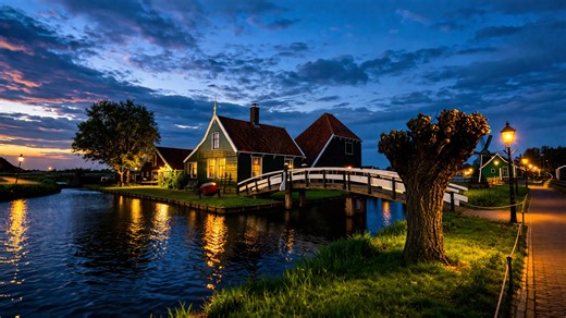 Zaanse Schans, Ολλανδία χαλαρωτικός βραδινός περίπατος στο χωριό (4K)