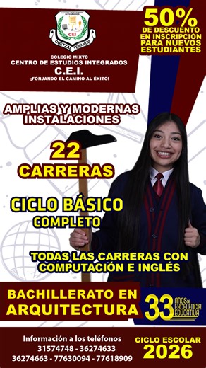 Centro de Estudios Integrados C.E.I. on Instagram: "📐🏛️ Diseña, crea y transforma espacios. El Bachillerato en Arquitectura en C.E.I. te abre la puerta al mundo del diseño y la construcción. 👉 Escríbenos y conoce cómo inscribirte. 📍 Diagonal 11 7-15 zona 1, a pocos pasos del Mercado Las Flores, frente al Ministerio Público 📲 36274663 | 31574748 | 36274633 | 77630094 | 77618909 #SomosCEI #CEIXela"