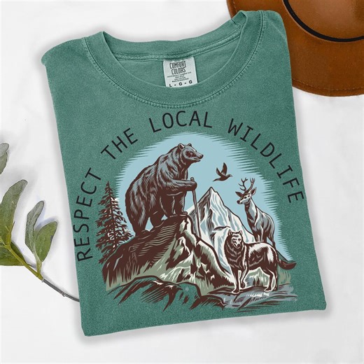 Respect Local Wildlife Nature Shirt – Retro Bear, Wolf, Deer Mountain Graphic Tee - Etsy