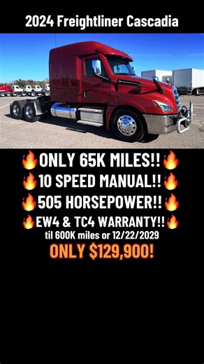 2024 Freightliner Cascadia Alert! 🚛✨ This beast is a mid-roof marvel made for tanker and flatbed haulers who want the best. With only 65K miles, a manual 10-speed Eaton Fuller transmission, and a mighty 505 HP under the hood, it’s all set to roll. Plus, it’s loaded out the wazoo with Freightliner TC4 chassis warranty and Detroit EW4 engine and aftertreatment coverage until 600K miles or December 2029. Tanker hauling ready, flatbed hauling beast, mid-roof perfection! Tanker, flatbed, mid-roof—th