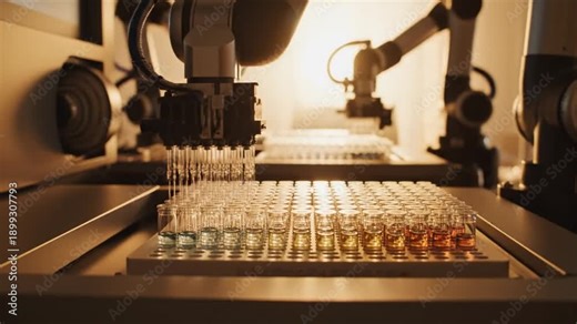 Automated Robotic Pipetting System Dispensing into Microplate.