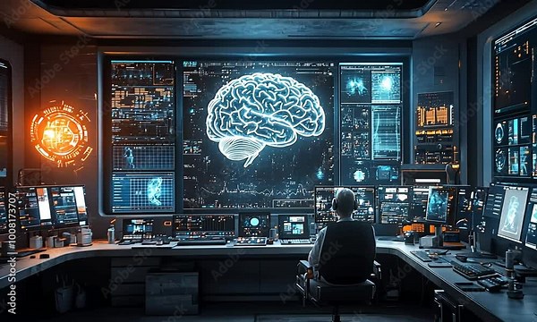 A media control center with a futuristic holographic display, with a real time brain.
