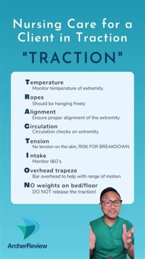 10K views · 116 reactions | Let's review some of the key NCLEX tips to know about caring for a client in traction. Use this quick, simple nursing mnemonic to help you remember them! #nursingtudents #nclexpass #nursegoals #nclexstudying #nclexrn #nclextips | Archer NCLEX Review | Facebook