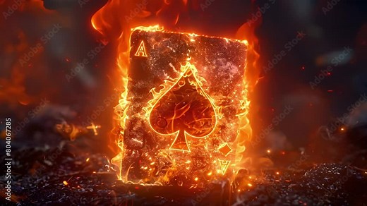 A photo of an ace of spades playing card on fire with a dark background.