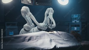 Futuristic Hospital: Surgery Patient Laying On Surgical Table While Robot Arms Performing High-Precision Nanosurgery. Automated And Programmable Robotic Limbs Working On Heart Transplant On Person.