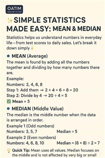 Simple Statistics Made Easy | Mean & Median Explained Clearly 📊✨ | OATIM Online Tutor 💥