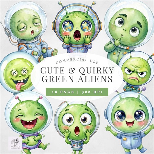 Cute Green Alien Clipart, Watercolor Alien PNG, Funny Alien Clipart, Quirky Alien Characters, Outer Space Clipart, Kids Clipart, Commercial - Etsy
